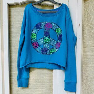 Justice Blue Sweatshirt Peace Happy Faces Rhinestones Cropped Sweatshirt Sz 10